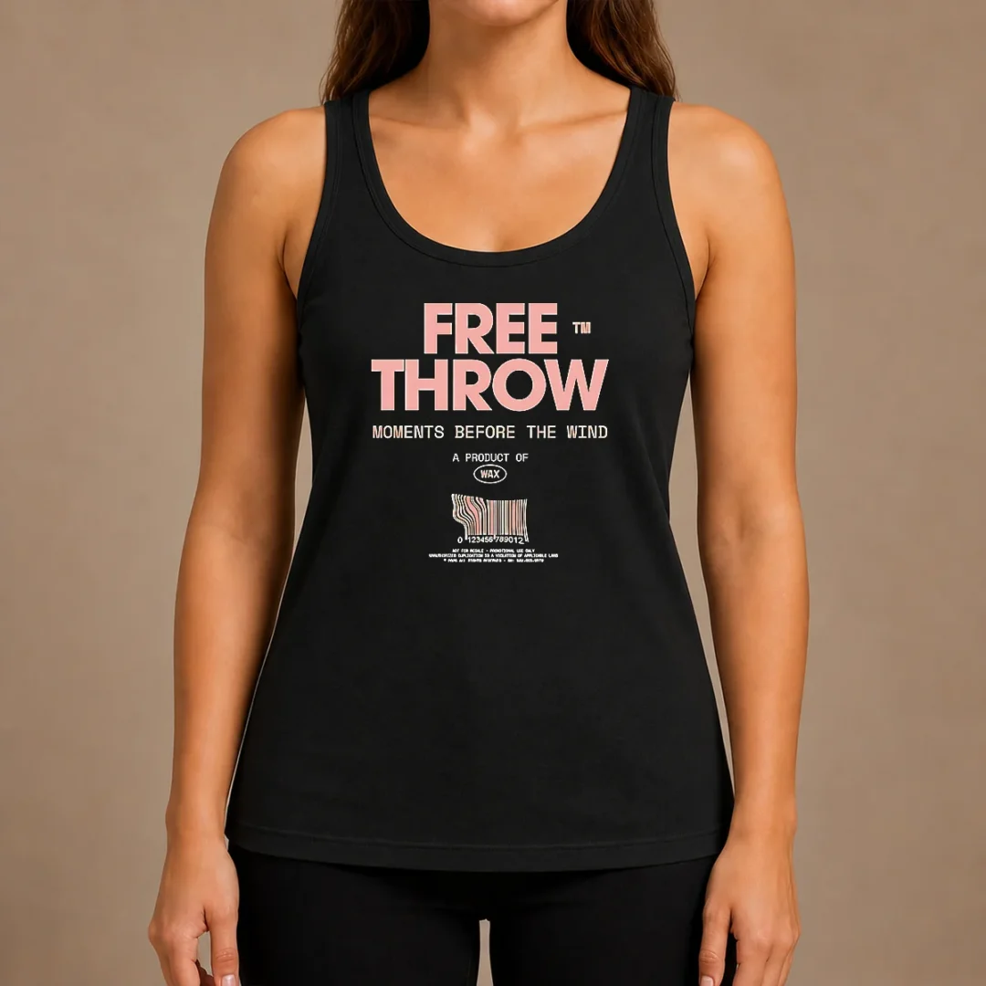 pretty-free-throw-moments-before-the-wind-a-product-of-wax-promotional-barcode-label-tank-top Pretty Free Throw Moments Before The Wind A Product Of Wax Promotional Barcode Label printed on a black tank top with a classic fit