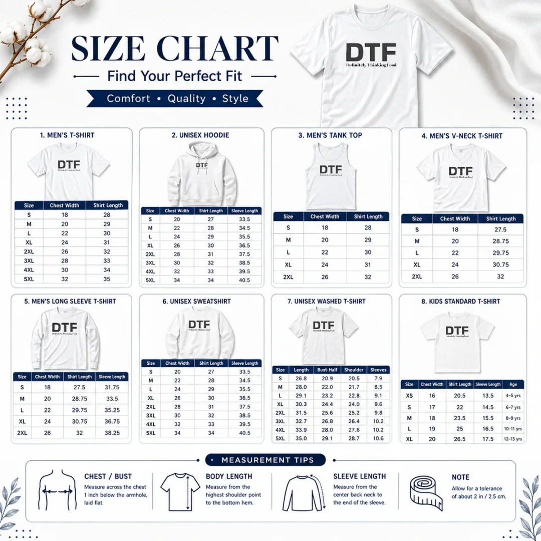 pretty-funny-dtf-definitely-thinking-food-foodie-size-chart Size chart for Pretty Funny DTF Definitely Thinking Food Foodie with measurements in inches and cm
