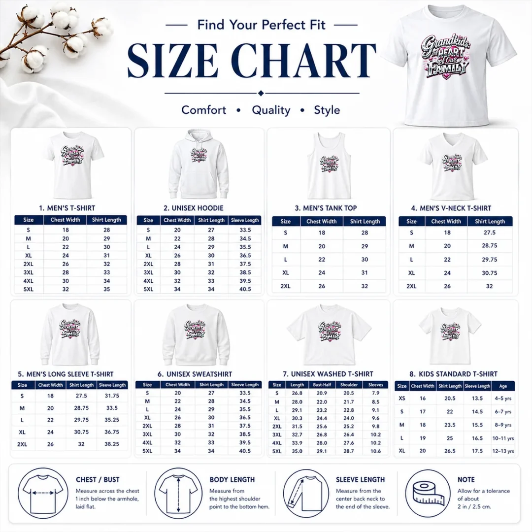 Pretty Grandkids The Heart Of Our Family Y2K Size Chart Size chart for Pretty Grandkids The Heart Of Our Family Y2K with measurements in inches and cm