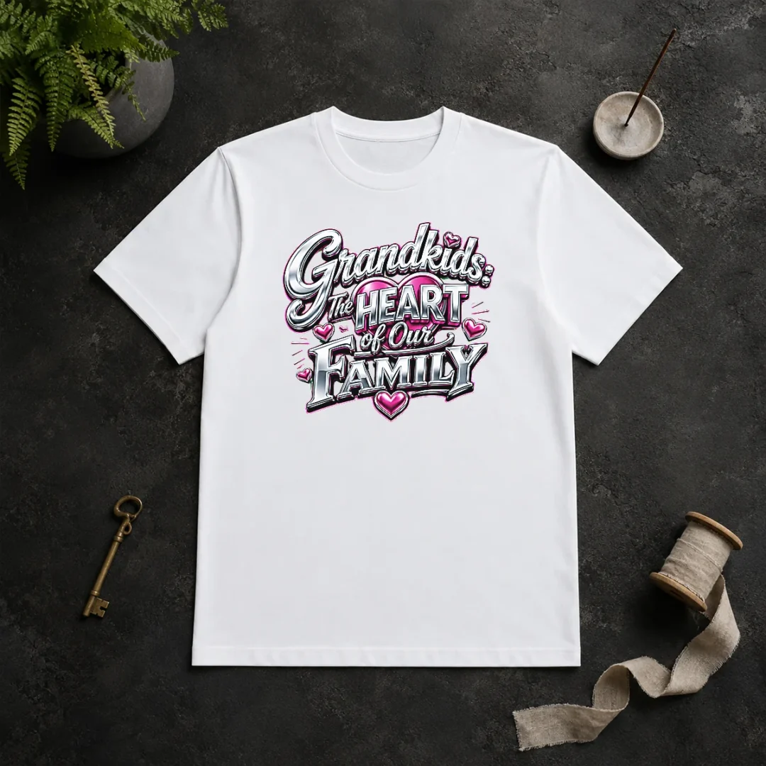 Pretty Grandkids The Heart Of Our Family Y2K T Shirt Pretty Grandkids The Heart Of Our Family Y2K t shirt showing front design on a classic crew neck cotton tee