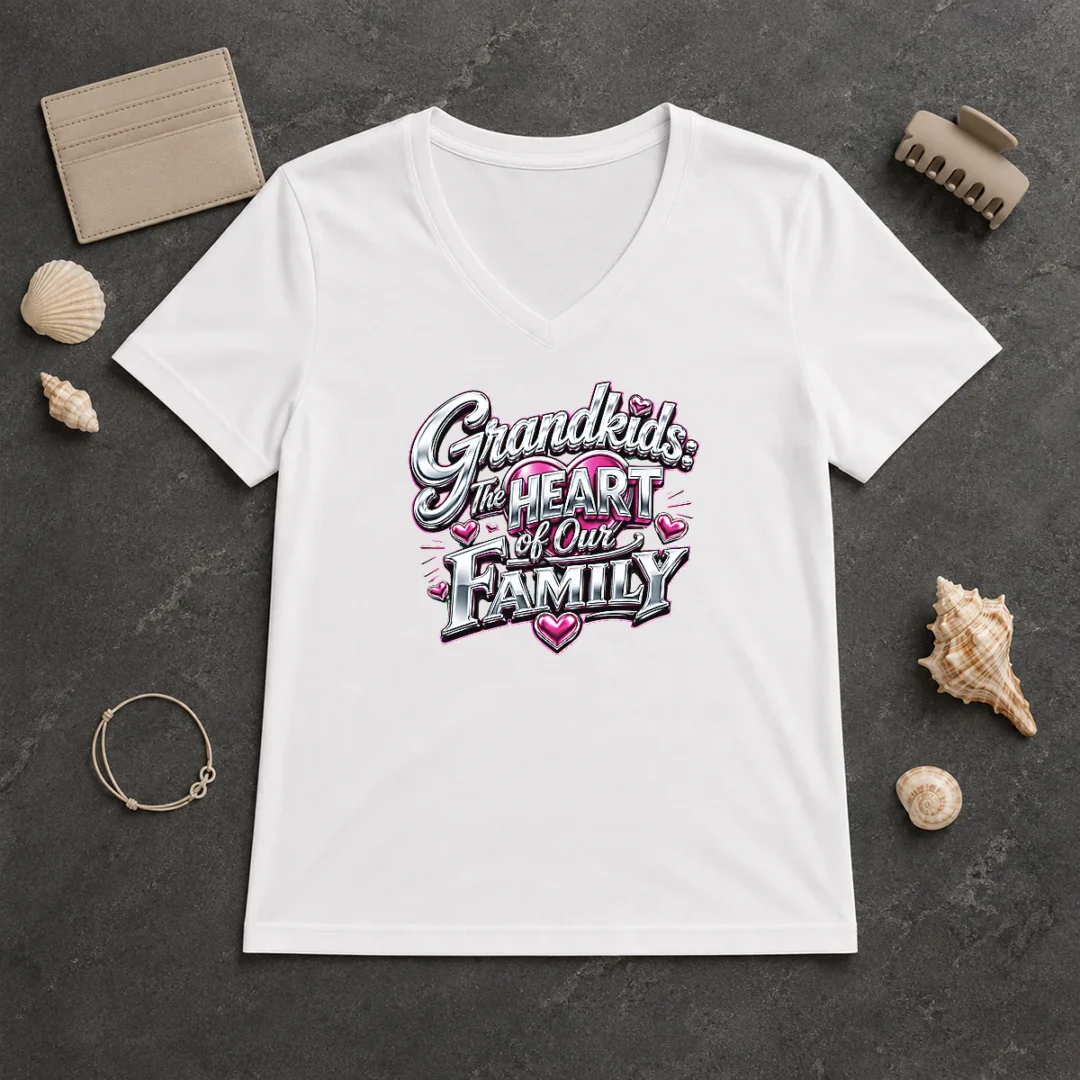 Pretty Grandkids The Heart Of Our Family Y2K V Neck Shirt Pretty Grandkids The Heart Of Our Family Y2K V-Neck Shirt