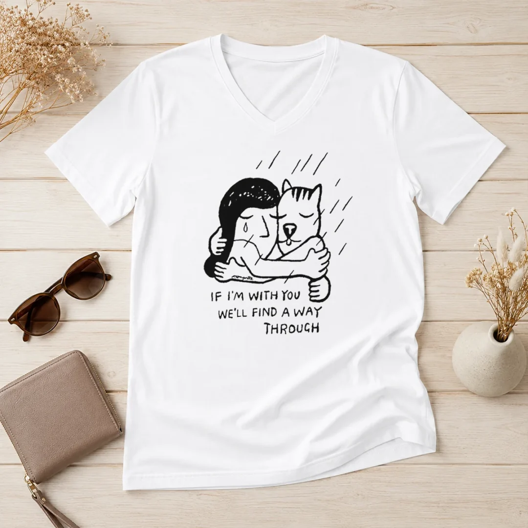 pretty-happy-girl-and-dog-hugging-if-i-am-with-you-we-will-find-a-way-through-v-neck-shirt Pretty Happy Girl And Dog Hugging If I Am With You We Will Find A Way Through printed on a soft V neck shirt