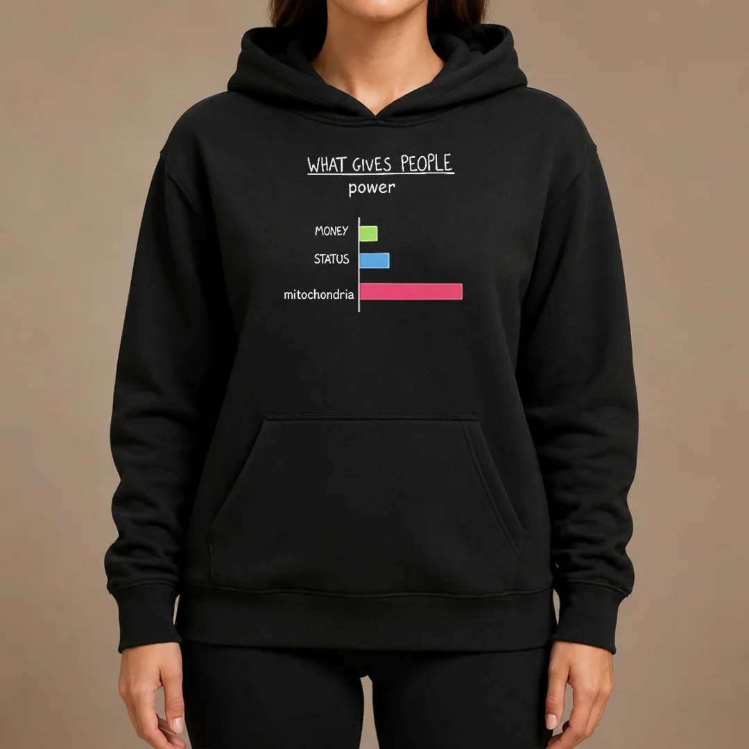 Pretty Hot What Gives People Power Money Status Mitochondria Hoodie Pretty Hot What Gives People Power Money Status Mitochondria Hoodie in black, front view with kangaroo pocket and adjustable drawstring hood