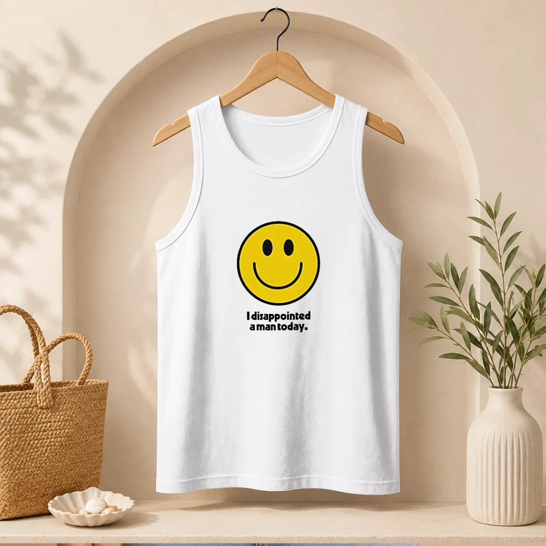 pretty-i-disappointed-a-man-today-smiley-face-sarcastic-tank-top-1 Pretty I Disappointed A Man Today Smiley Face Sarcastic tank top in black with bold white text and smiley face graphic