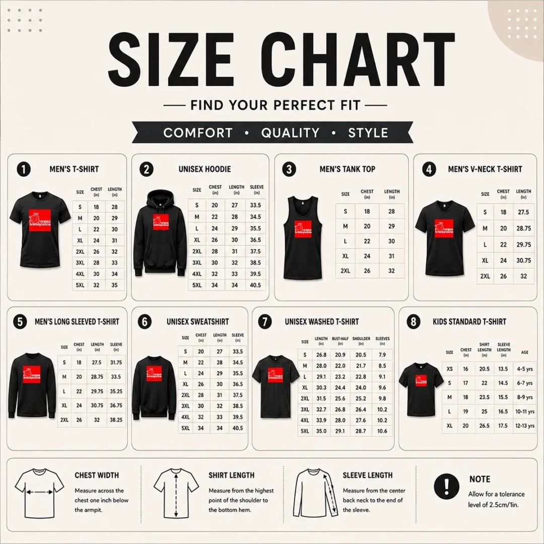 pretty-i-heart-organ-transplants-transplant-awareness-size-chart Size chart for Pretty I Heart Organ Transplants Transplant Awareness with measurements in inches and cm
