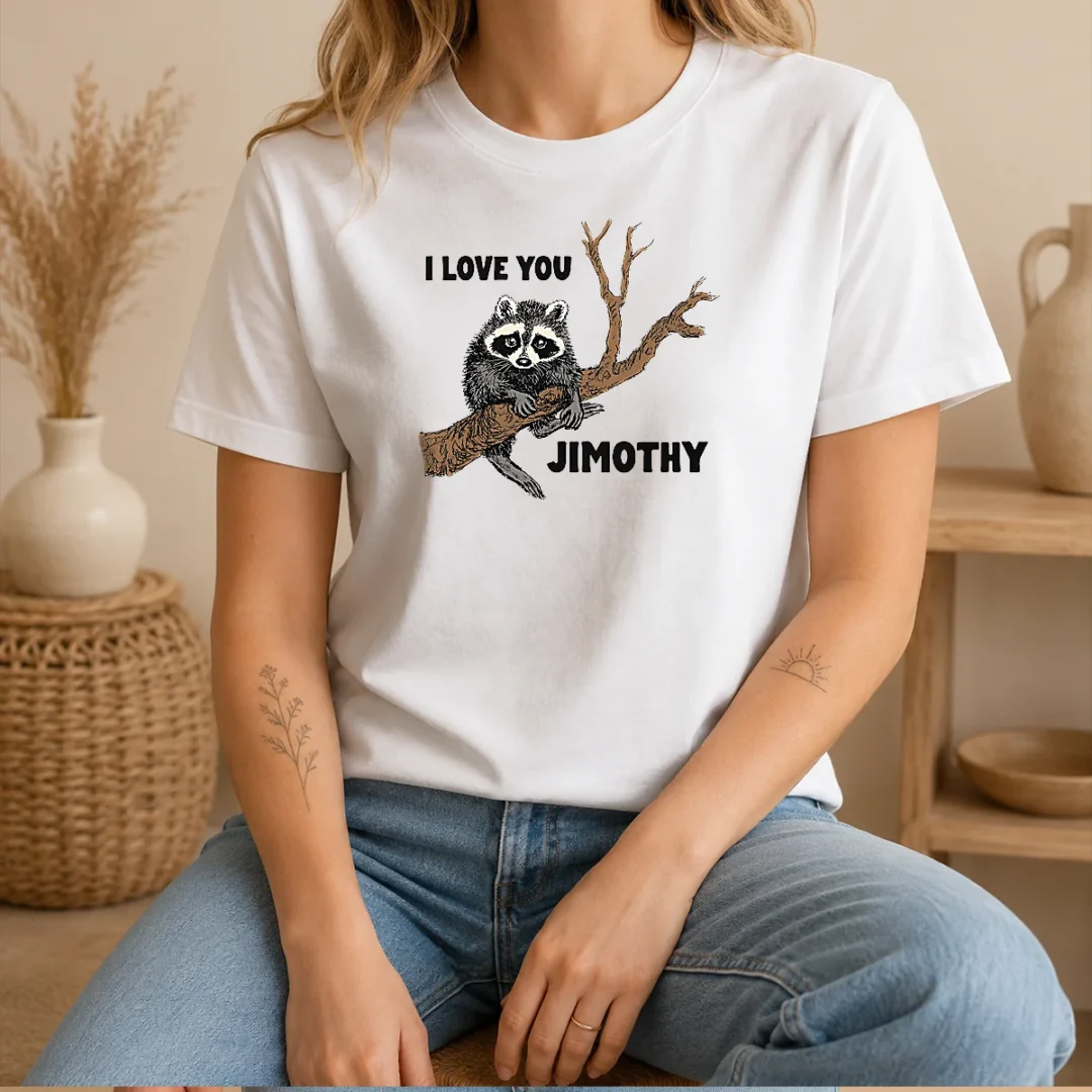 pretty-i-love-you-jimothy-t-shirt-1 Pretty I Love You Jimothy t shirt in white with bold graphic print on front, classic crew neck cotton tee