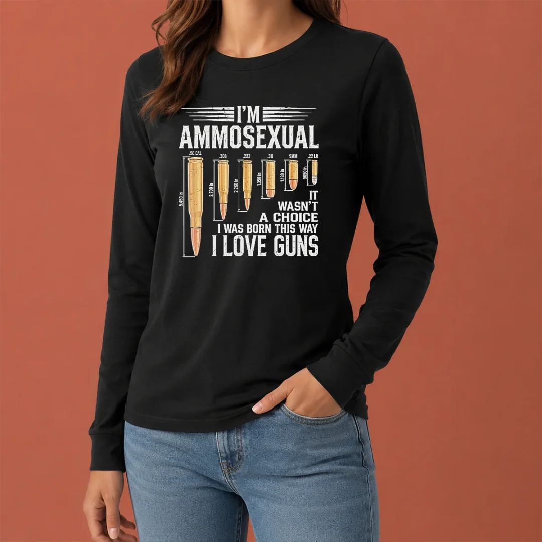 pretty-i-m-ammosexual-i-love-guns-bullet-caliber-chart-long-sleeve-shirt Pretty I'M Ammosexual I Love Guns Bullet Caliber Chart Long Sleeve Shirt showing bullet caliber chart print on front