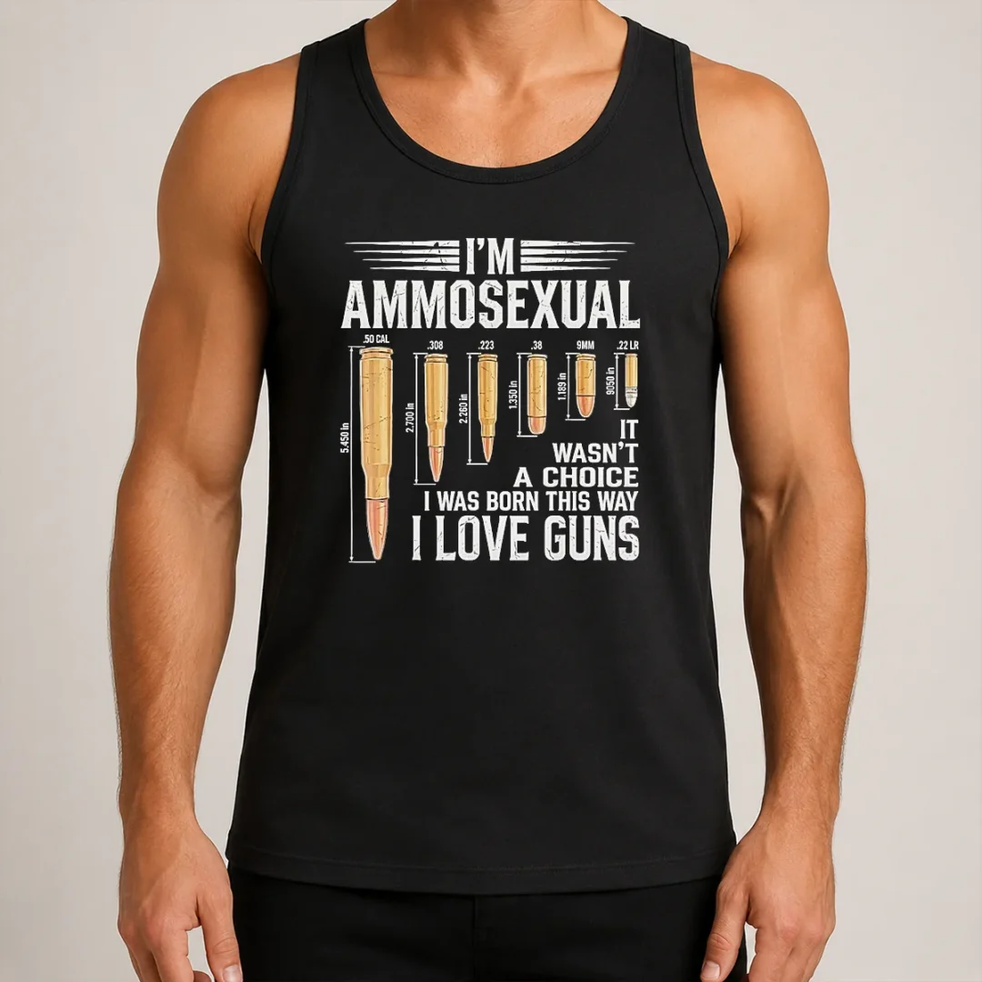 pretty-i-m-ammosexual-i-love-guns-bullet-caliber-chart-tank-top Pretty I'M Ammosexual I Love Guns Bullet Caliber Chart Tank Top in black, sleeveless casual wear with bold graphic print