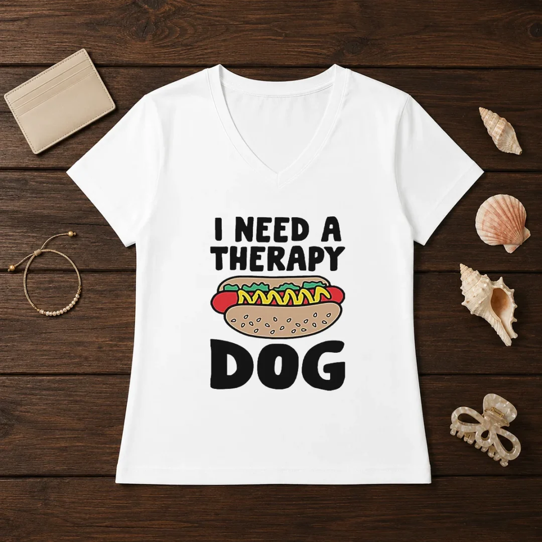 pretty-i-need-a-therapy-dog-hot-dog-pun-food-v-neck-shirt Pretty I Need A Therapy Dog Hot Dog Pun Food V Neck Shirt showing front design on soft fabric