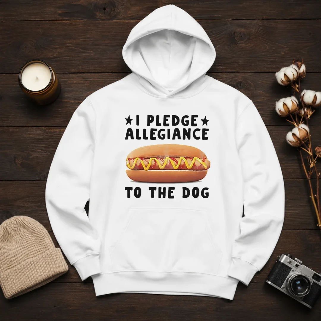 pretty-i-pledge-allegiance-to-the-dog-hot-dog-sandwich-hoodie Pretty I Pledge Allegiance To The Dog Hot Dog Sandwich Hoodie in black, front view showing printed graphic
