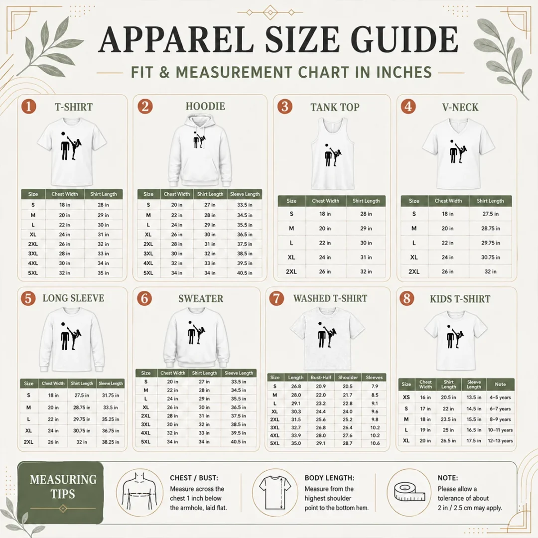 pretty-kick-him-funny-size-chart Size chart for Pretty Kick Him Funny showing measurements in inches and cm for accurate sizing