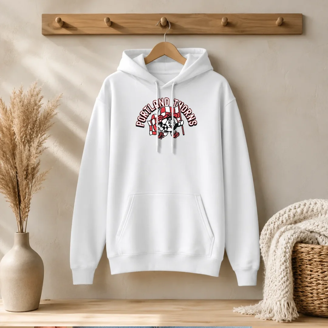 pretty-kid-s-portland-thorns-soccer-player-red-hoodie-1 Pretty Kid'S Portland Thorns Soccer Player Red Hoodie displayed on a child mannequin showing front view with team logo and vibrant red color