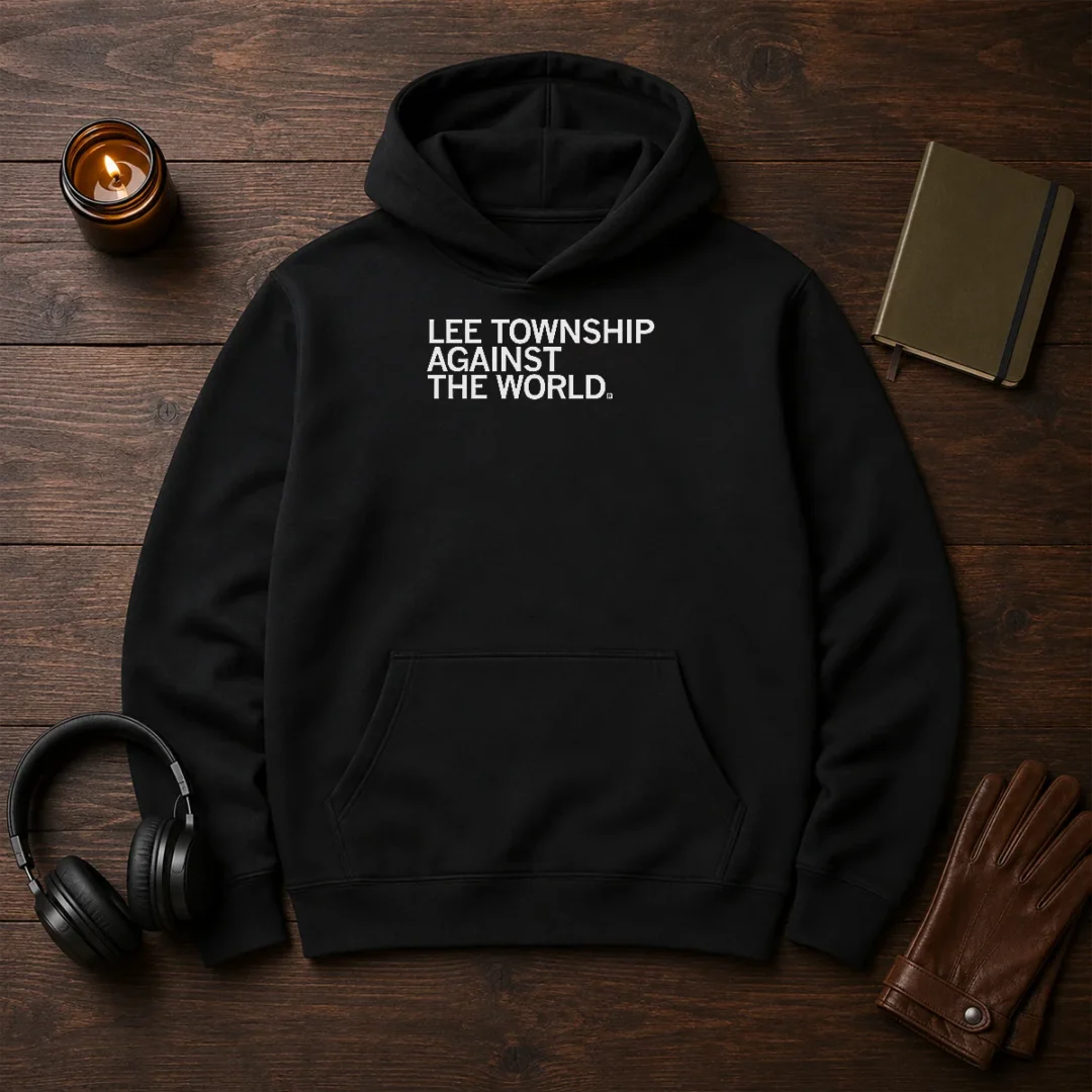 pretty-lee-township-against-the-world-hoodie Pretty Lee Township Against The World Hoodie in dark color with front pocket and drawstring hood