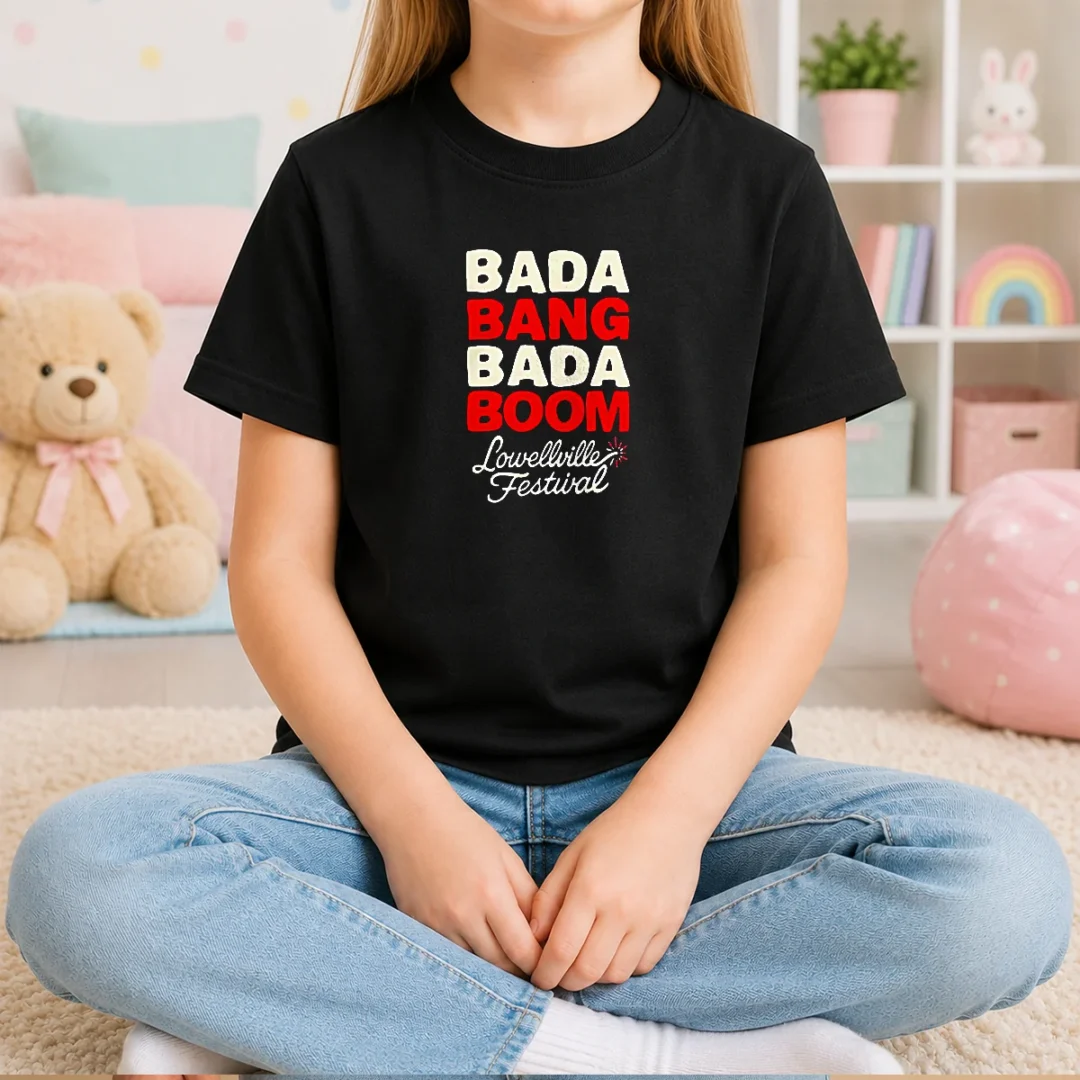 pretty-lowellville-festival-bada-bang-bada-boom-kids-t-shirt Pretty Lowellville Festival Bada Bang Bada Boom kids t shirt in bright colors, front view on white background