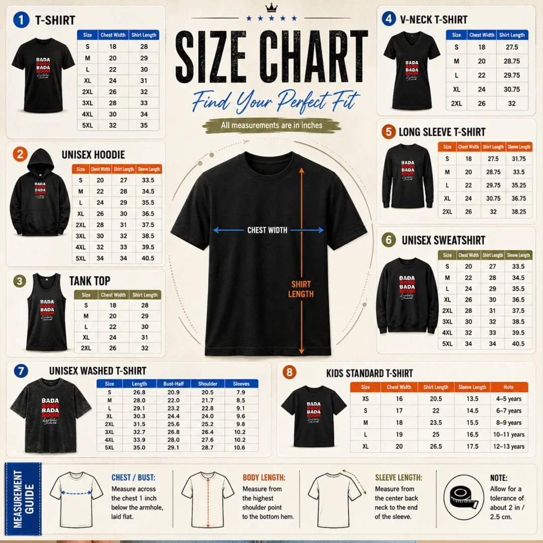 pretty-lowellville-festival-bada-bang-bada-boom-size-chart Size chart for Pretty Lowellville Festival Bada Bang Bada Boom showing measurements in inches and centimeters