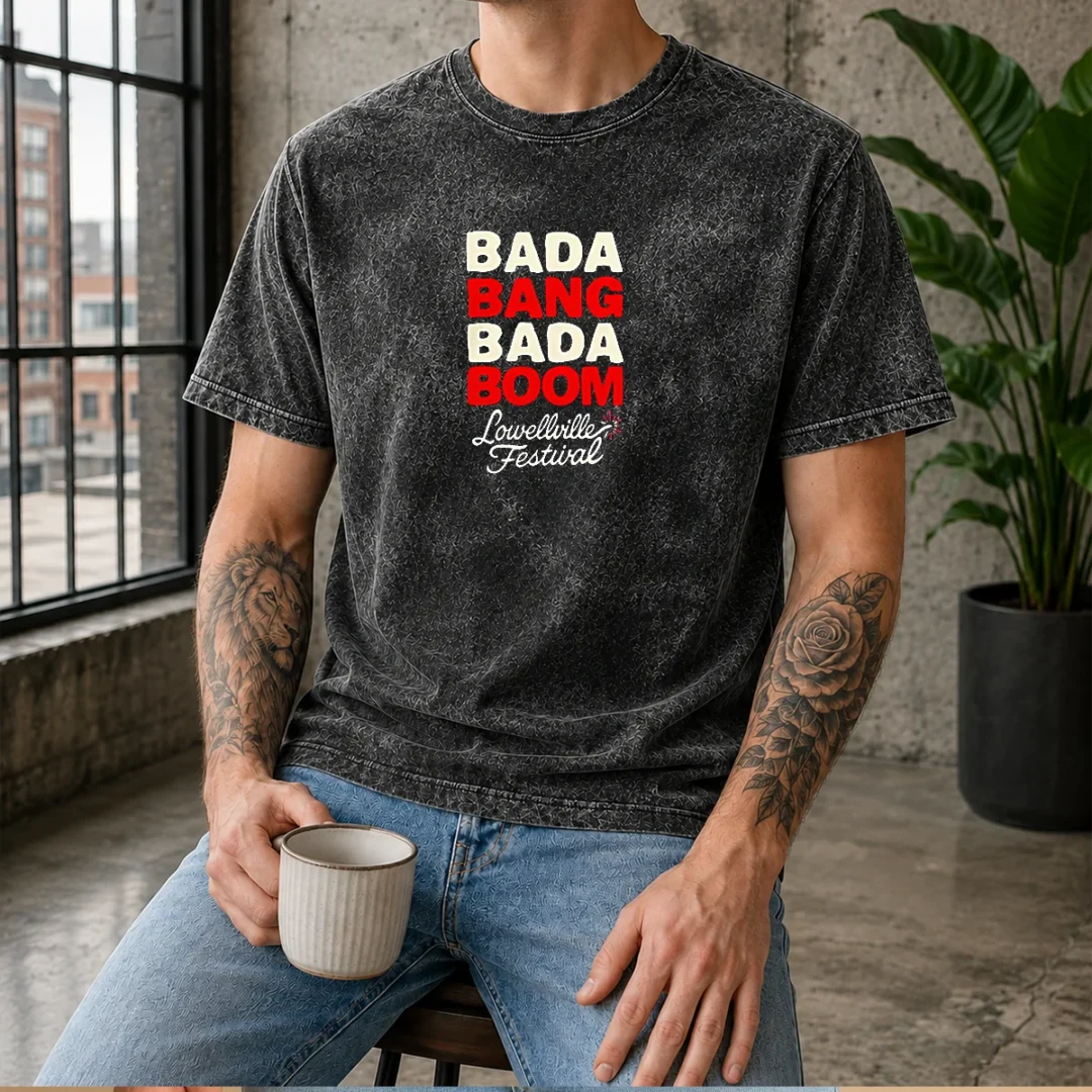 pretty-lowellville-festival-bada-bang-bada-boom-washed-t-shirt Pretty Lowellville Festival Bada Bang Bada Boom Washed T Shirt in soft fabric with vintage washed look