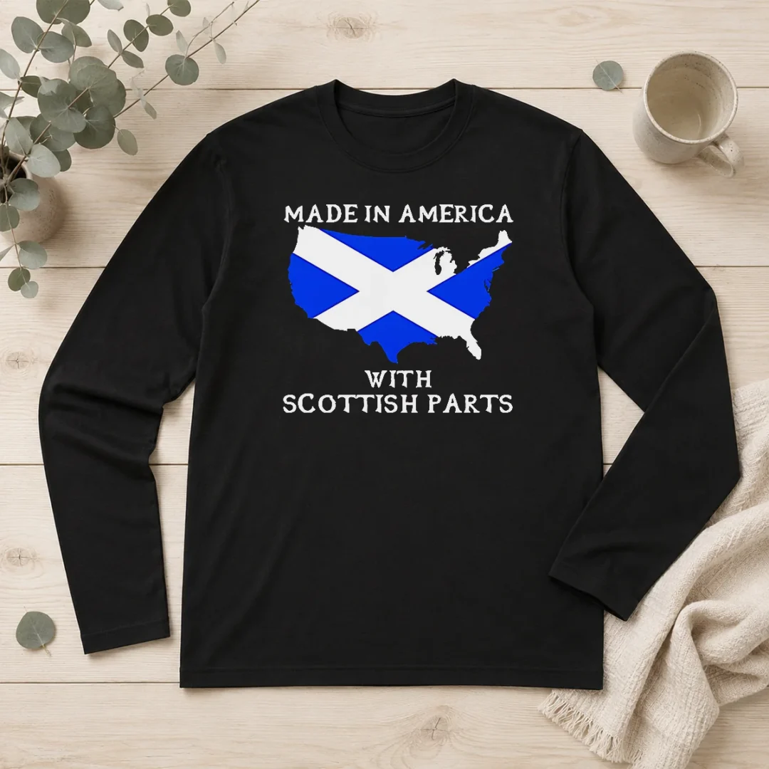 pretty-made-in-america-with-scottish-parts-united-states-of-america-scotland-heritage-long-sleeve-shirt Pretty Made In America With Scottish Parts United States Of America Scotland Heritage long sleeve shirt showing front view on white background