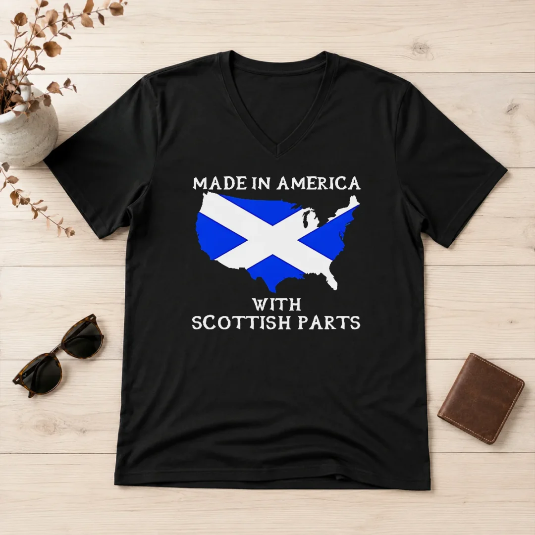 pretty-made-in-america-with-scottish-parts-united-states-of-america-scotland-heritage-v-neck-shirt Pretty Made In America With Scottish Parts United States Of America Scotland Heritage V Neck Shirt in dark color with short sleeves