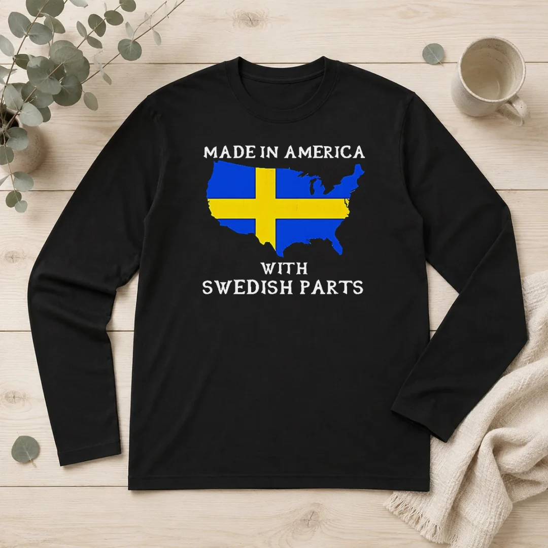 pretty-made-in-america-with-swedish-parts-map-of-united-states-flag-long-sleeve-shirt Pretty Made In America With Swedish Parts Map Of United States Flag Long Sleeve Shirt showing front design on a comfortable cotton blend fabric