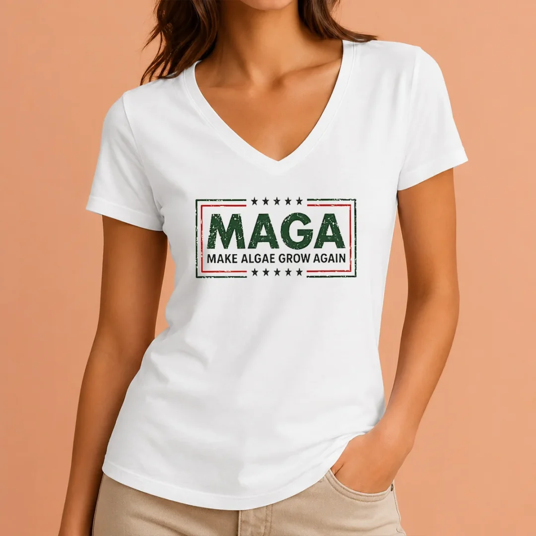 pretty-maga-make-algae-grow-again-political-parody-meme-team-algae-2026-v-neck-shirt Pretty MAGA Make Algae Grow Again Political Parody Meme Team Algae 2026 V Neck Shirt in dark color featuring bold political parody text