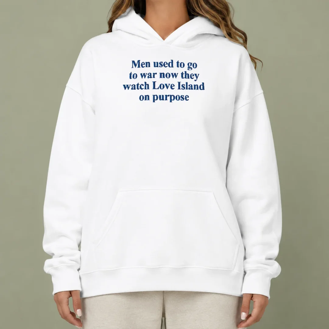 pretty-men-used-to-go-to-war-now-they-watch-love-island-on-purpose-hoodie Pretty Men Used To Go To War Now They Watch Love Island On Purpose Hoodie in black, front view with drawstring hood and kangaroo pocket