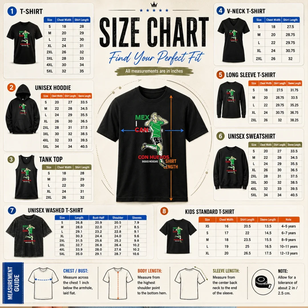 pretty-mexican-con-huevos-badass-mexicans-mexico-soccer-size-chart Size chart for Pretty Mexican Con Huevos Badass Mexicans Mexico Soccer with measurements in inches and cm