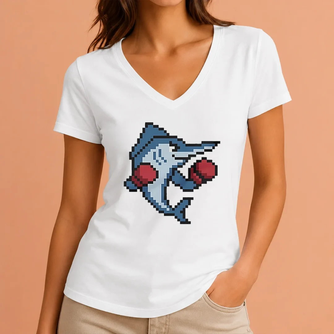 pretty-miami-marlins-mascot-wearing-gloves-el-caballo-pixel-style-v-neck Pretty Miami Marlins Mascot Wearing Gloves El Caballo Pixel Style V Neck Shirt on a black v neck garment