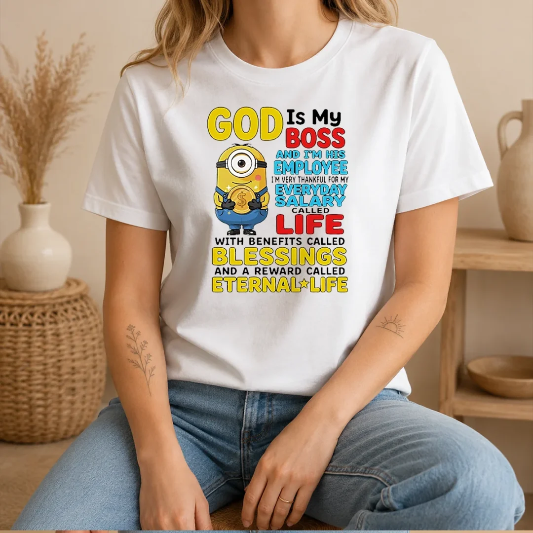 pretty-minion-god-is-my-boss-and-im-his-employee-im-very-thankful-for-my-everyday-salary-called-l-t-shirt-1 Pretty Minion God Is My Boss And Im His Employee Im Very Thankful For My Everyday Salary Called L printed on a comfortable unisex t shirt in size L