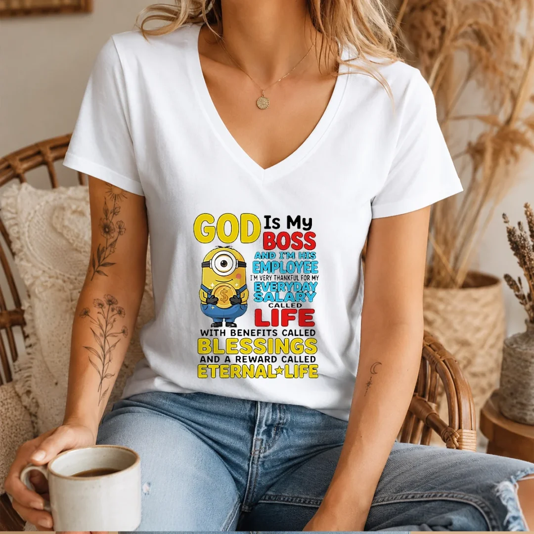pretty-minion-god-is-my-boss-and-im-his-employee-im-very-thankful-for-my-everyday-salary-called-l-v-neck-shirt Pretty Minion God Is My Boss And Im His Employee Im Very Thankful For My Everyday Salary Called L V Neck Shirt in size L with short sleeves
