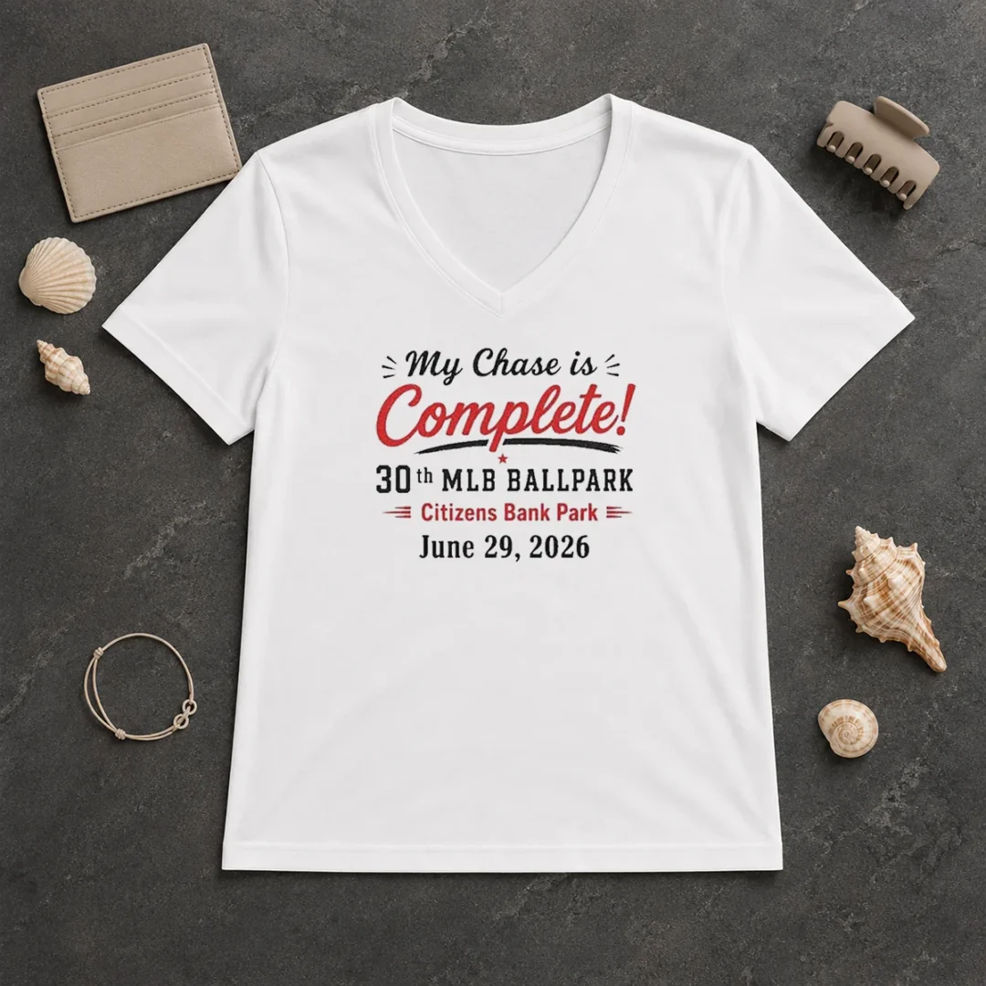 Pretty My Chase Is Complete 30th Ballpark Citizens Bank Park June 29 2026 V Neck Shirt Pretty My Chase Is Complete 30th Ballpark Citizens Bank Park June 29 2026 V Neck Shirt in heather gray cotton fabric