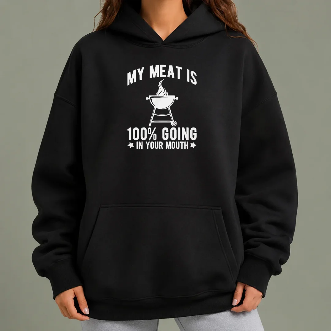pretty-my-meat-is-100-percent-going-in-your-mouth-bbq-grill-hoodie Pretty My Meat Is 100 Percent Going In Your Mouth BBQ Grill Hoodie in charcoal gray, front view with kangaroo pocket and drawstring hood