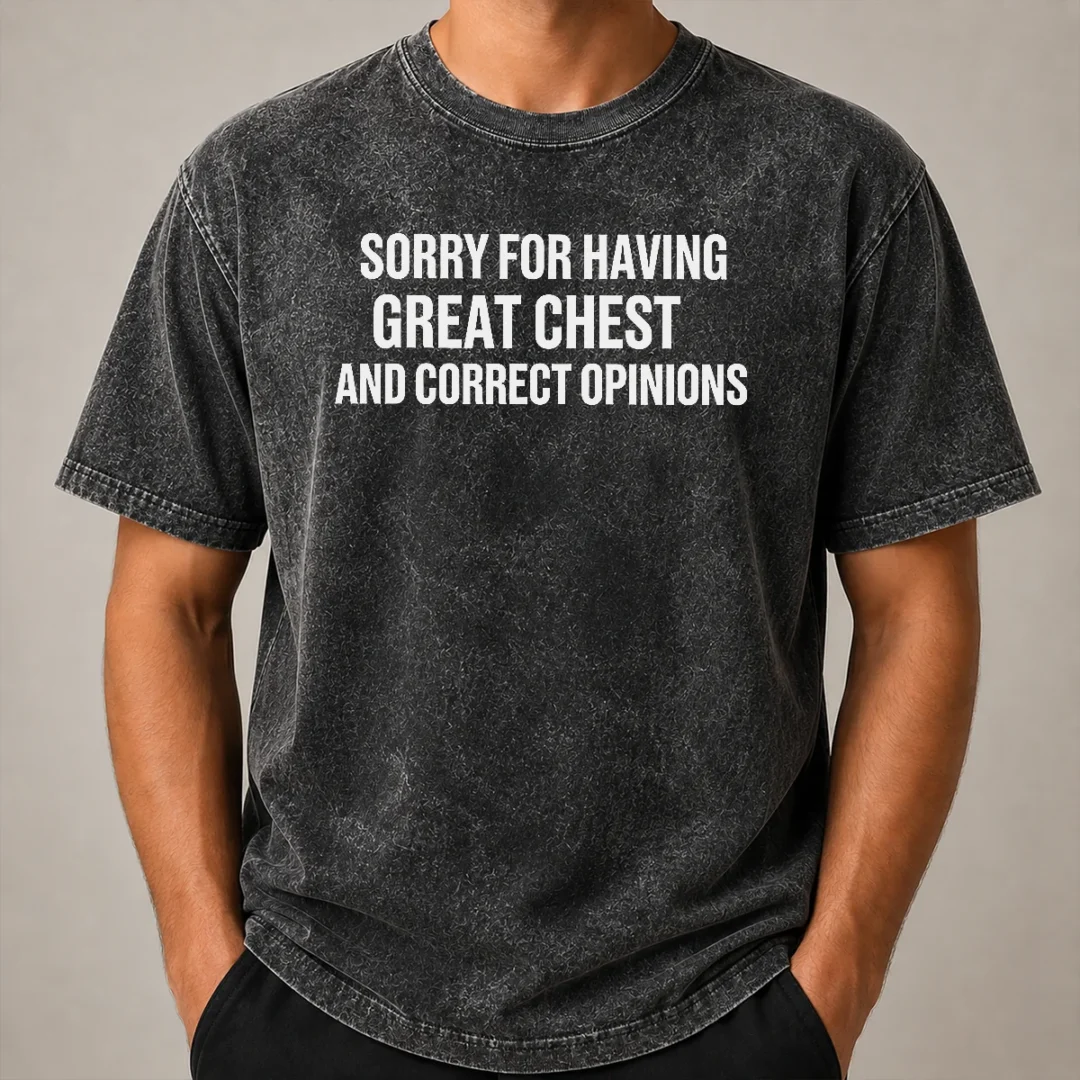 Pretty Nice Sorry For Having Great Chest And Correct Opinion Washed T Shirt Pretty Nice Sorry For Having Great Chest And Correct Opinion washed t shirt in light grey fabric showing front print design