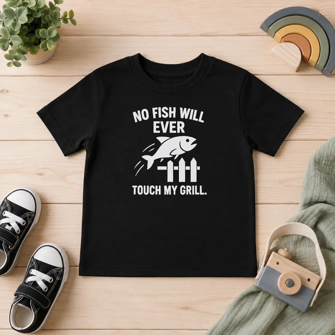 pretty-no-fish-will-ever-touch-my-grill-grilling-kids-t-shirt Pretty No Fish Will Ever Touch My Grill Grilling Kids T-Shirt