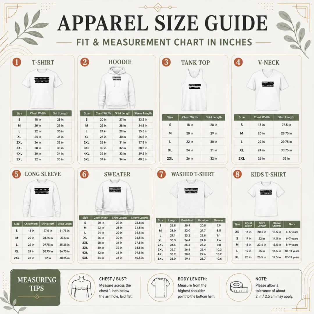 pretty-offensively-delightful-size-chart Size chart for Pretty Offensively Delightful showing measurements in inches and centimeters