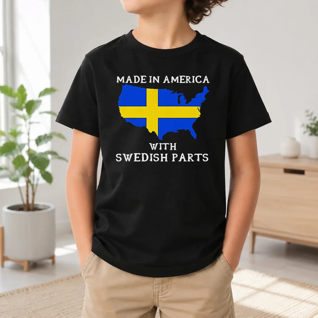Pretty Official Made In America With Swedish Parts Map Of United States Flag Kids T Shirt Pretty Official Made In America With Swedish Parts Map Of United States Flag Kids T Shirt in vibrant colors on a child-sized tee