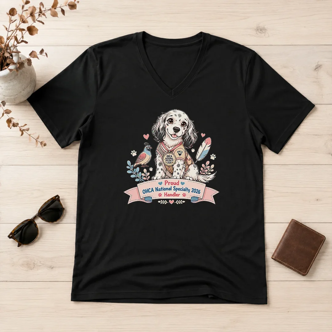 pretty-ohca-national-specialty-2026-kawaii-hunting-dog-pride-v-neck-shirt Pretty OHCA National Specialty 2026 Kawaii Hunting Dog Pride V Neck Shirt showing front view on white background