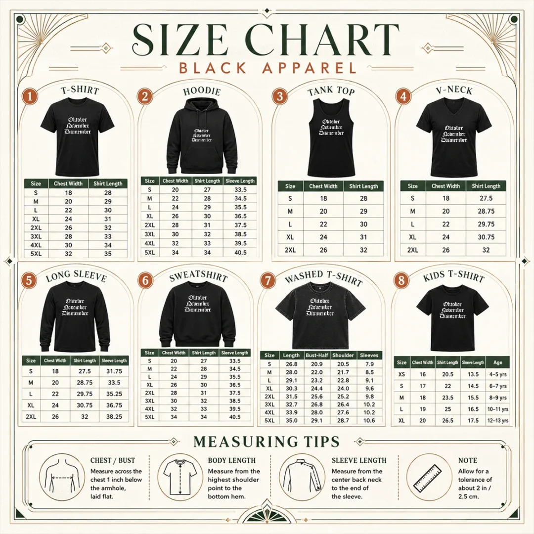 pretty-oktober-november-dismember-gothic-dark-size-chart Size chart for Pretty Oktober November Dismember Gothic Dark with measurements in inches and cm