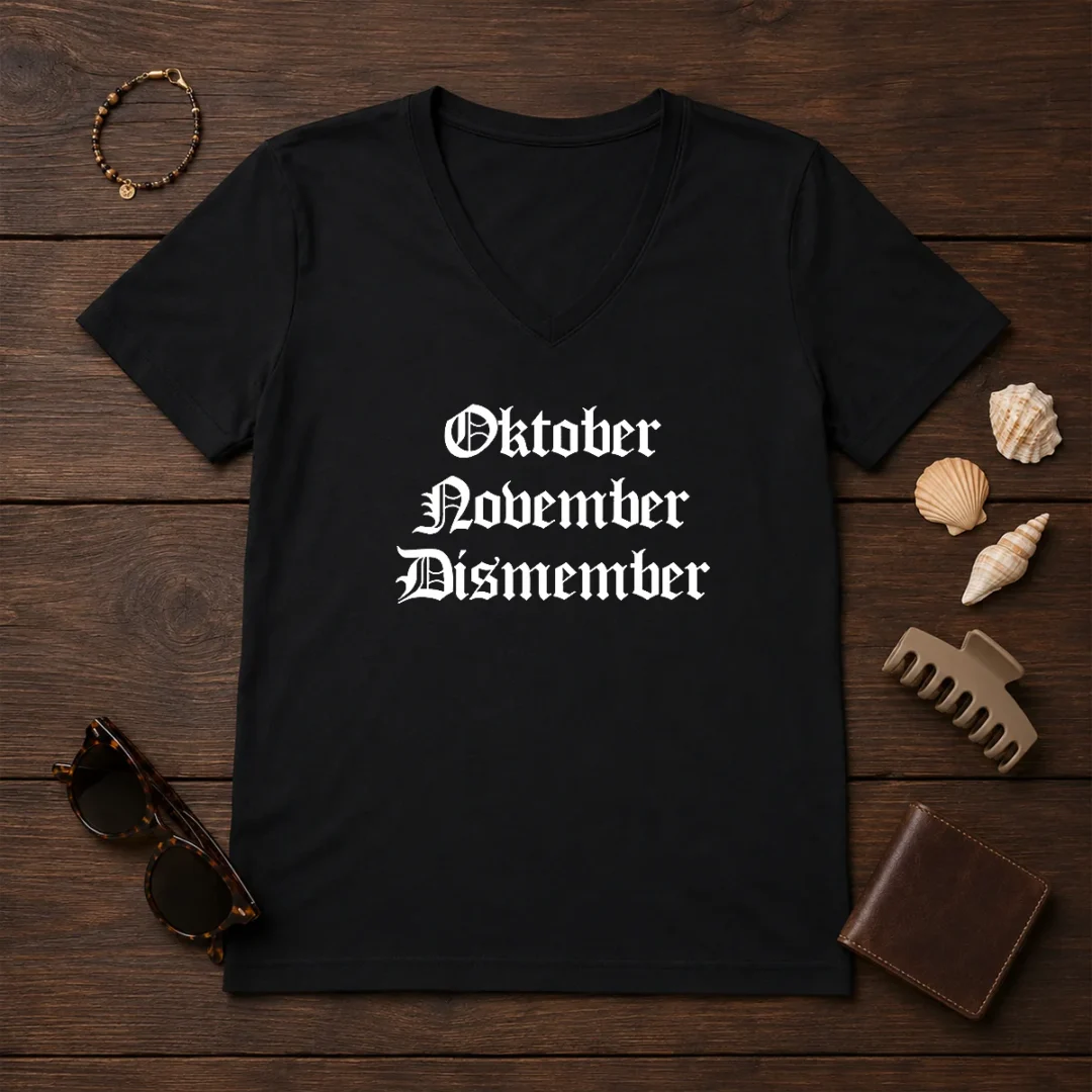 pretty-oktober-november-dismember-gothic-dark-v-neck Pretty Oktober November Dismember Gothic Dark V Neck Shirt in black with gothic text design