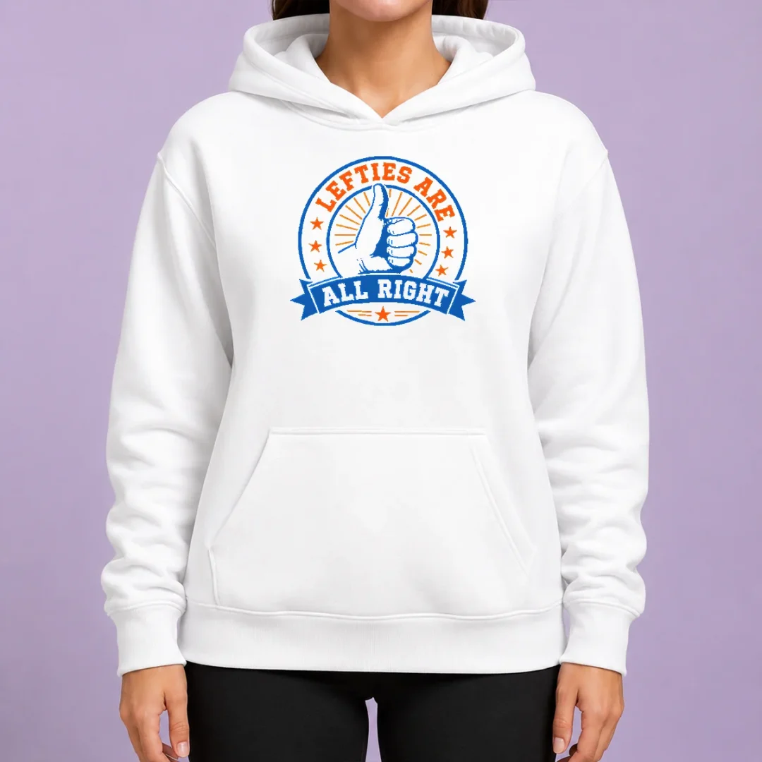 pretty-original-lefties-are-all-right-hoodie Pretty Original Lefties ARE ALL RIGHT Hoodie in black with front pocket and drawstring hood