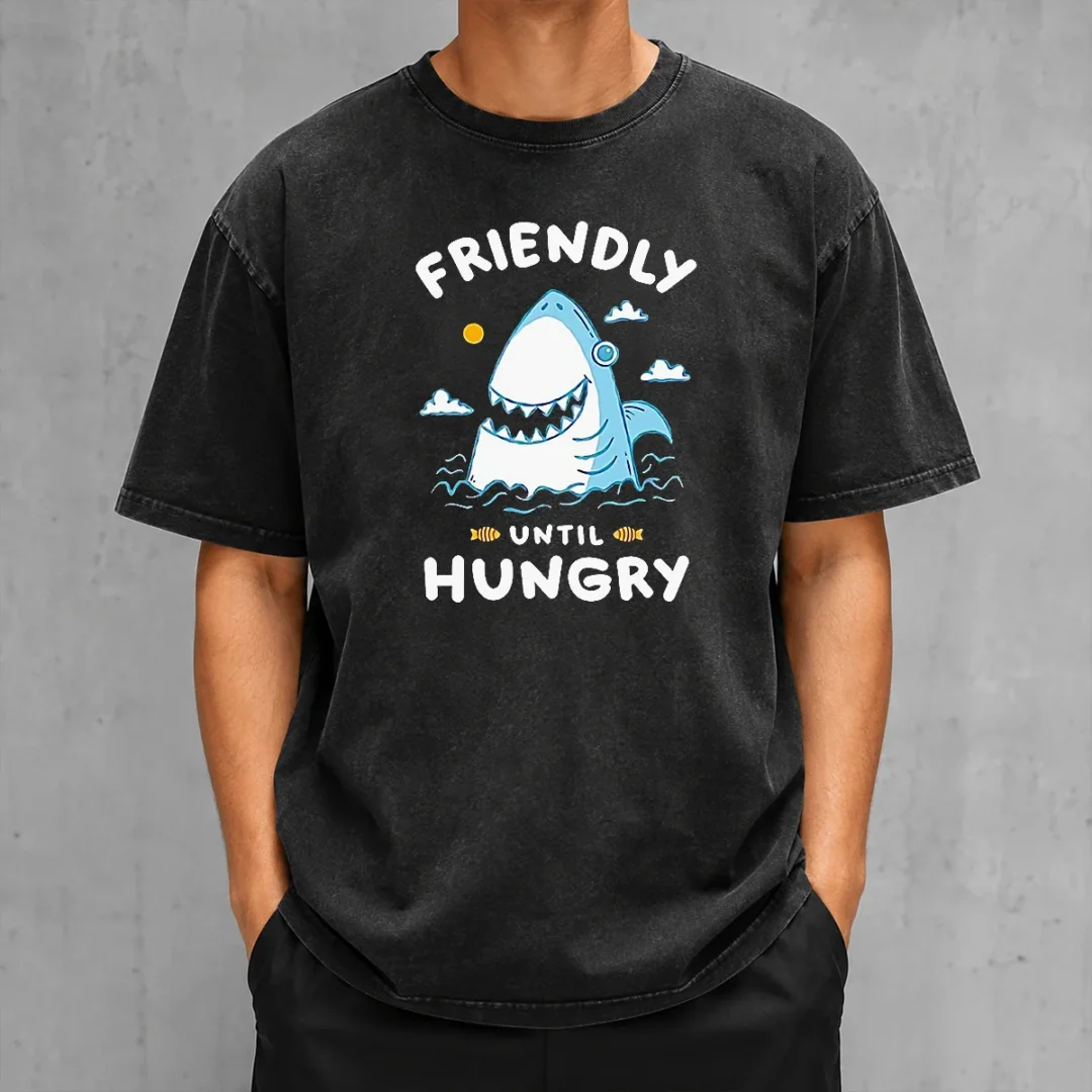 pretty-original-shark-grinning-friendly-until-hungry-washed-t-shirt Pretty Original Shark Grinning Friendly Until Hungry washed t shirt in soft fabric with casual fit