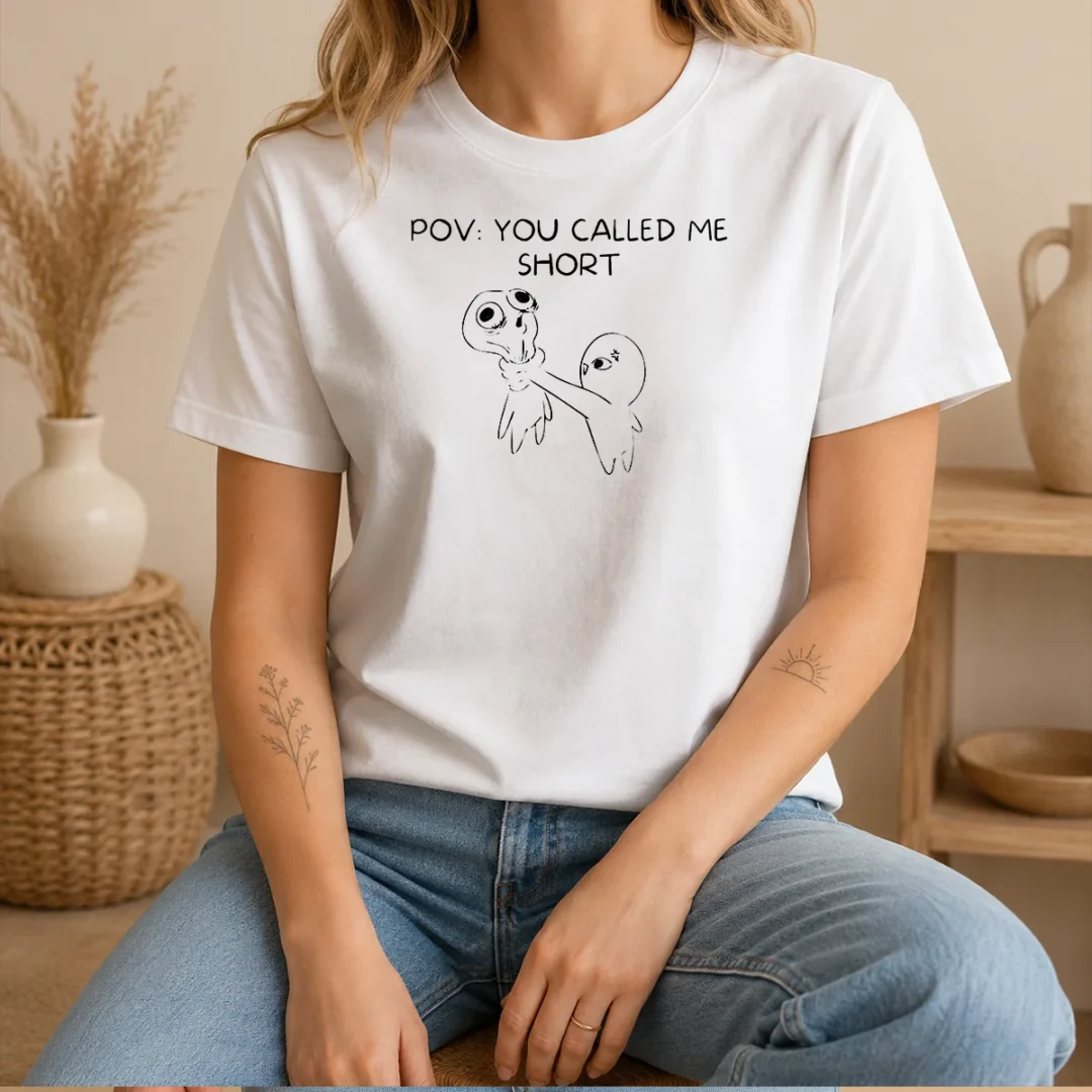 pretty-pov-you-called-me-short-cartoon-character-t-shirt-1 Pretty Pov You Called Me Short Cartoon Character t shirt in black, front view, short sleeve cotton tee