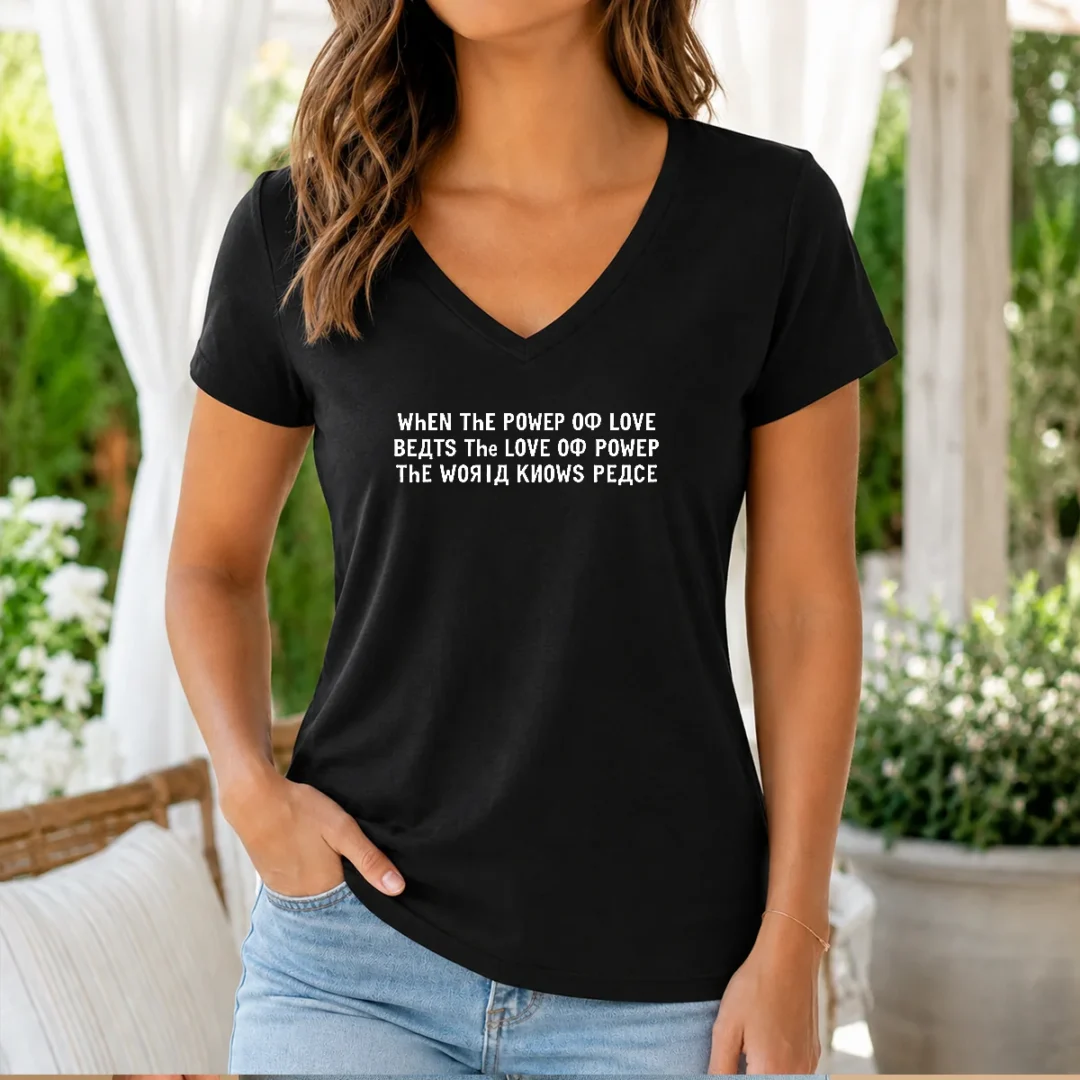 pretty-power-of-love-v-neck-1 Pretty Power Of Love V Neck Shirt showing a soft fabric, tailored fit, and vibrant print on a women's V neck tee