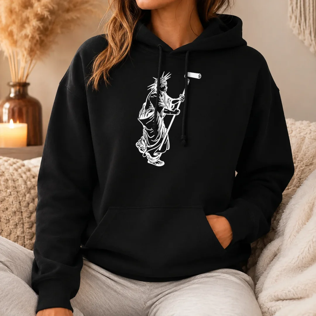 Pretty Premium Statue Of Liberty Painting With A Paint Roller Icon Meme Hoodie Pretty Premium Statue Of Liberty Painting With A Paint Roller Icon Meme Hoodie in charcoal gray, front view on a mannequin