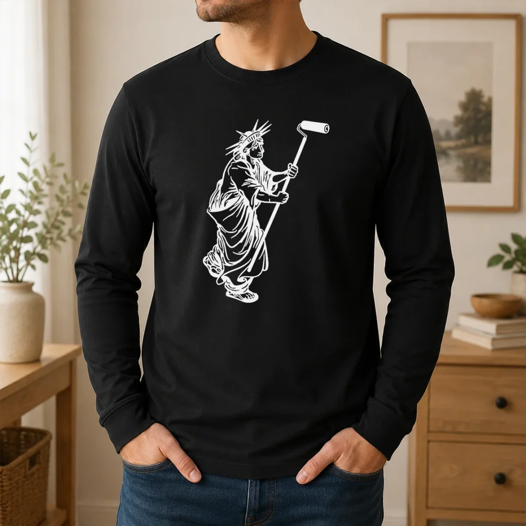 Pretty Premium Statue Of Liberty Painting With A Paint Roller Icon Meme Long Sleeve Shirt Pretty Premium Statue Of Liberty Painting With A Paint Roller Icon Meme long sleeve shirt in navy blue, front view