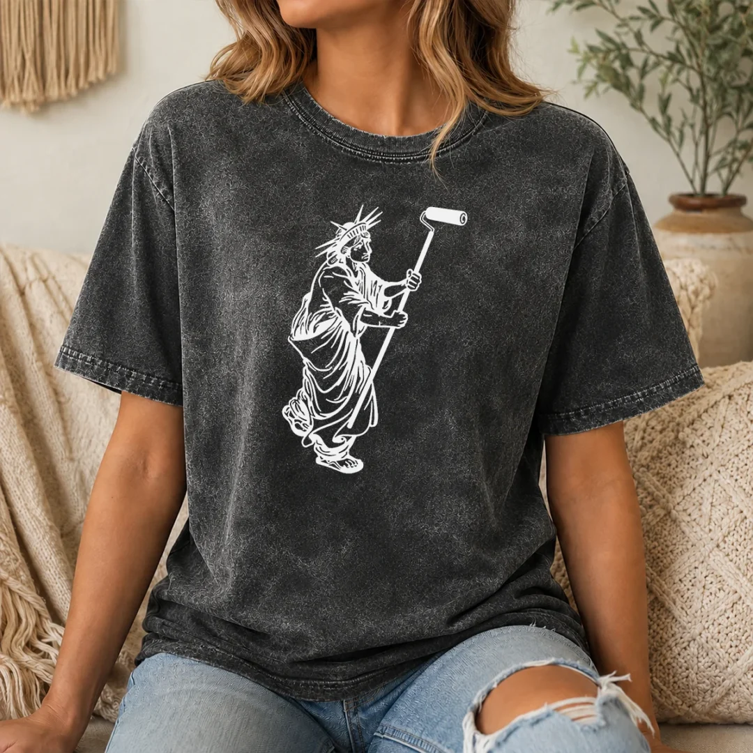 Pretty Premium Statue Of Liberty Painting With A Paint Roller Icon Meme Washed T Shirt Pretty Premium Statue Of Liberty Painting With A Paint Roller Icon Meme on a soft washed t shirt in light color