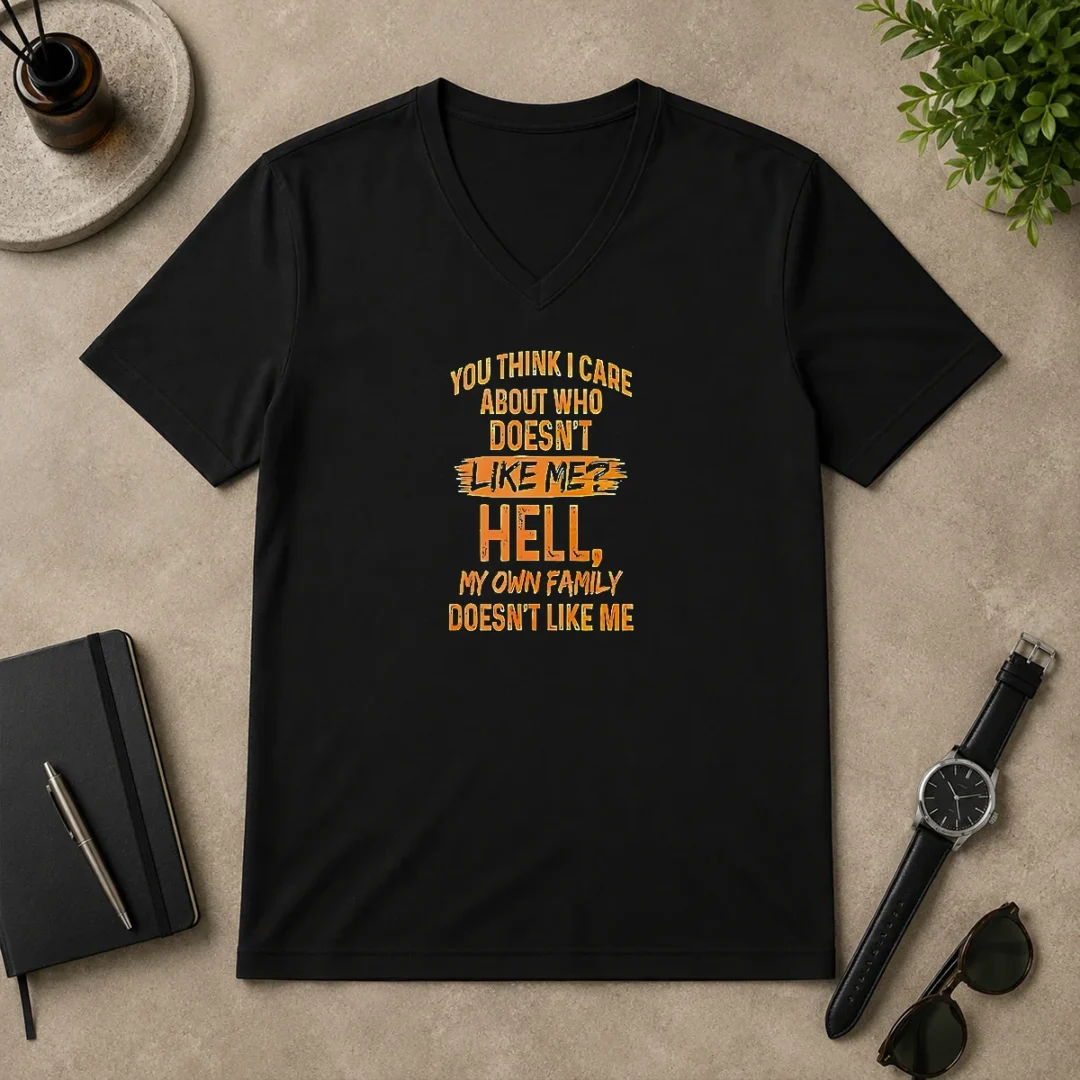 Pretty Premium You Think I Care About WHO Does Not Like Me Hell My Own Family Does Not Like V Neck Shirt Pretty Premium You Think I Care About WHO Does Not Like Me Hell My Own Family Does Not Like V Neck Shirt in black, soft fabric with short sleeves