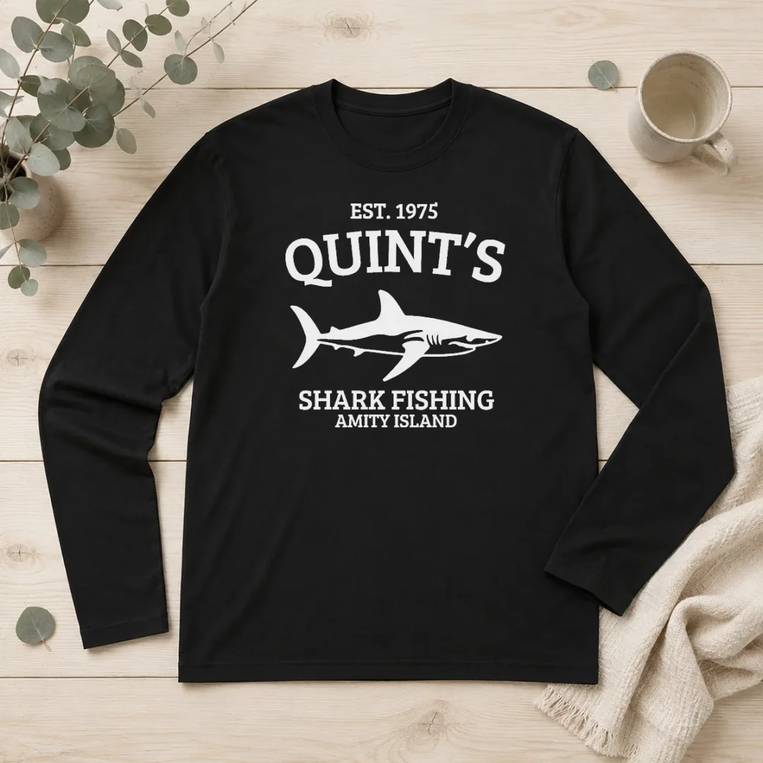pretty-quint-s-est-1975-shark-fishing-amity-island-silhouette-long-sleeve-shirt Pretty Quint'S Est 1975 Shark Fishing Amity Island Silhouette long sleeve shirt in navy blue showing front graphic design