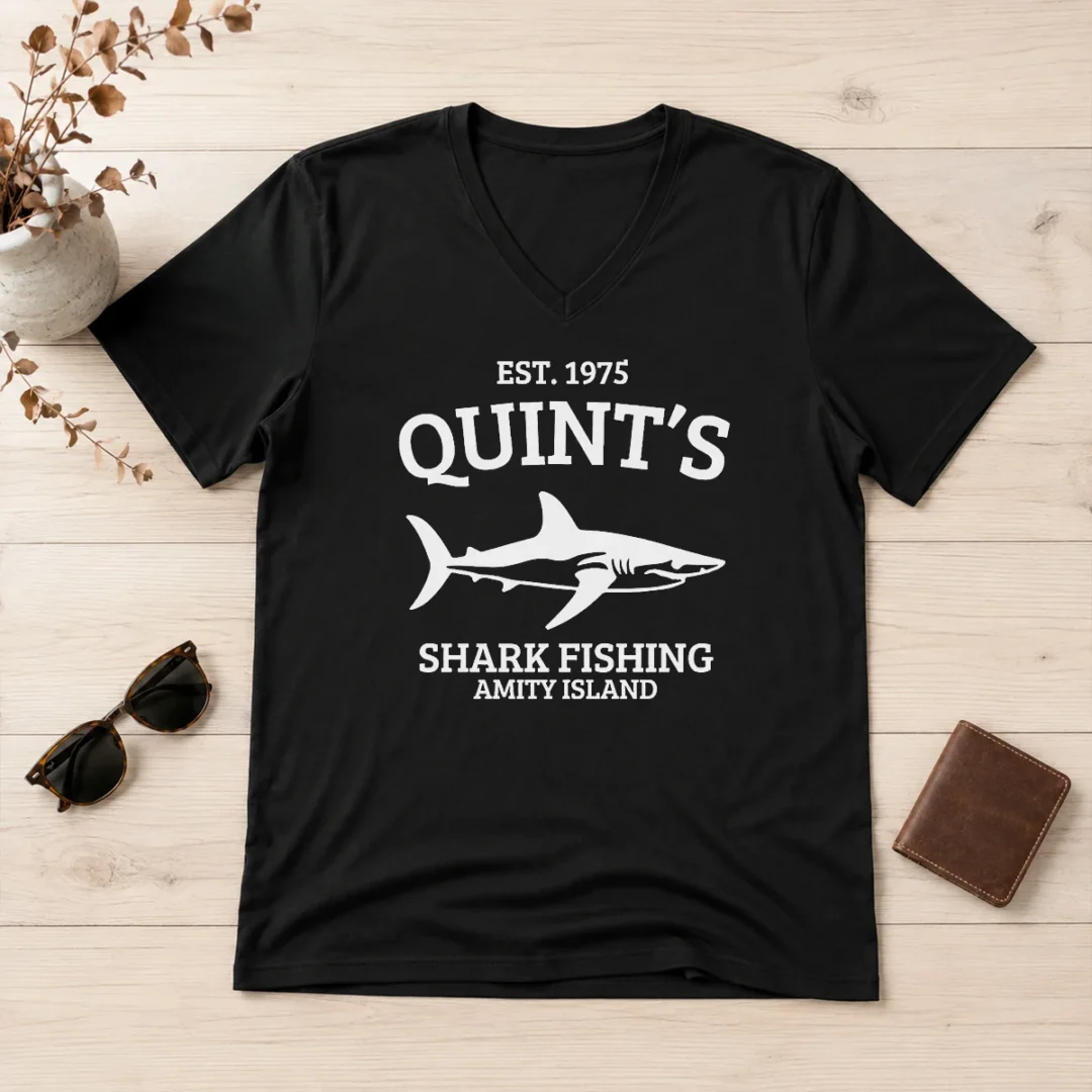 pretty-quint-s-est-1975-shark-fishing-amity-island-silhouette-v-neck-shirt Pretty Quint'S Est 1975 Shark Fishing Amity Island Silhouette V-Neck Shirt