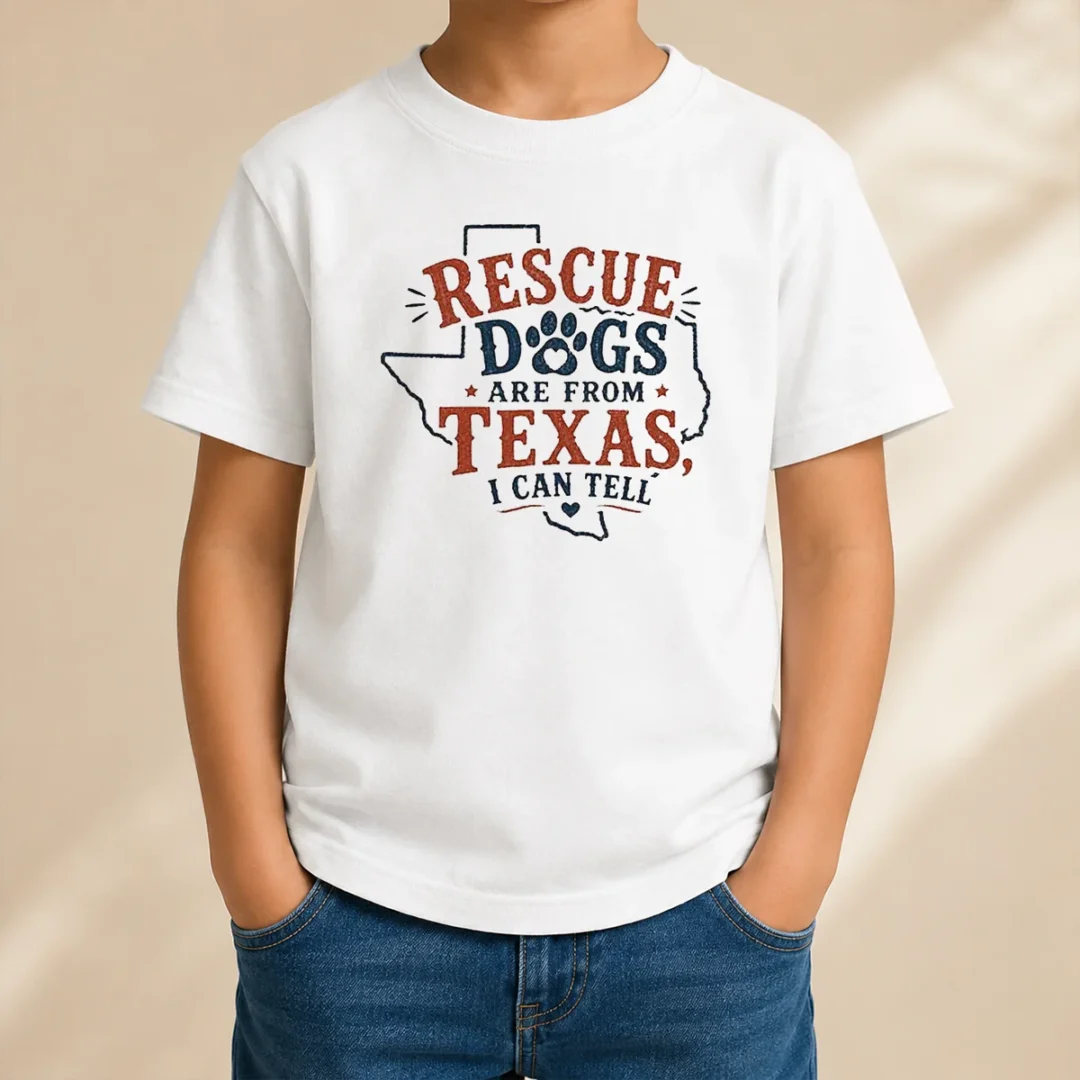 pretty-rescue-dogs-are-from-texas-i-can-tell-kids-t-shirt Pretty Rescue Dogs Are From Texas I Can Tell Kids T Shirt featuring colorful dog graphic on white fabric
