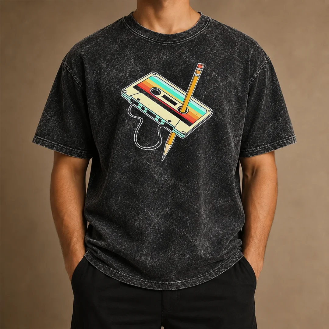 pretty-retro-cassette-tape-with-pencil-90s-nostalgia-washed-t-shirt Pretty Retro Cassette Tape With Pencil 90s Nostalgia design printed on a soft washed t shirt in light gray